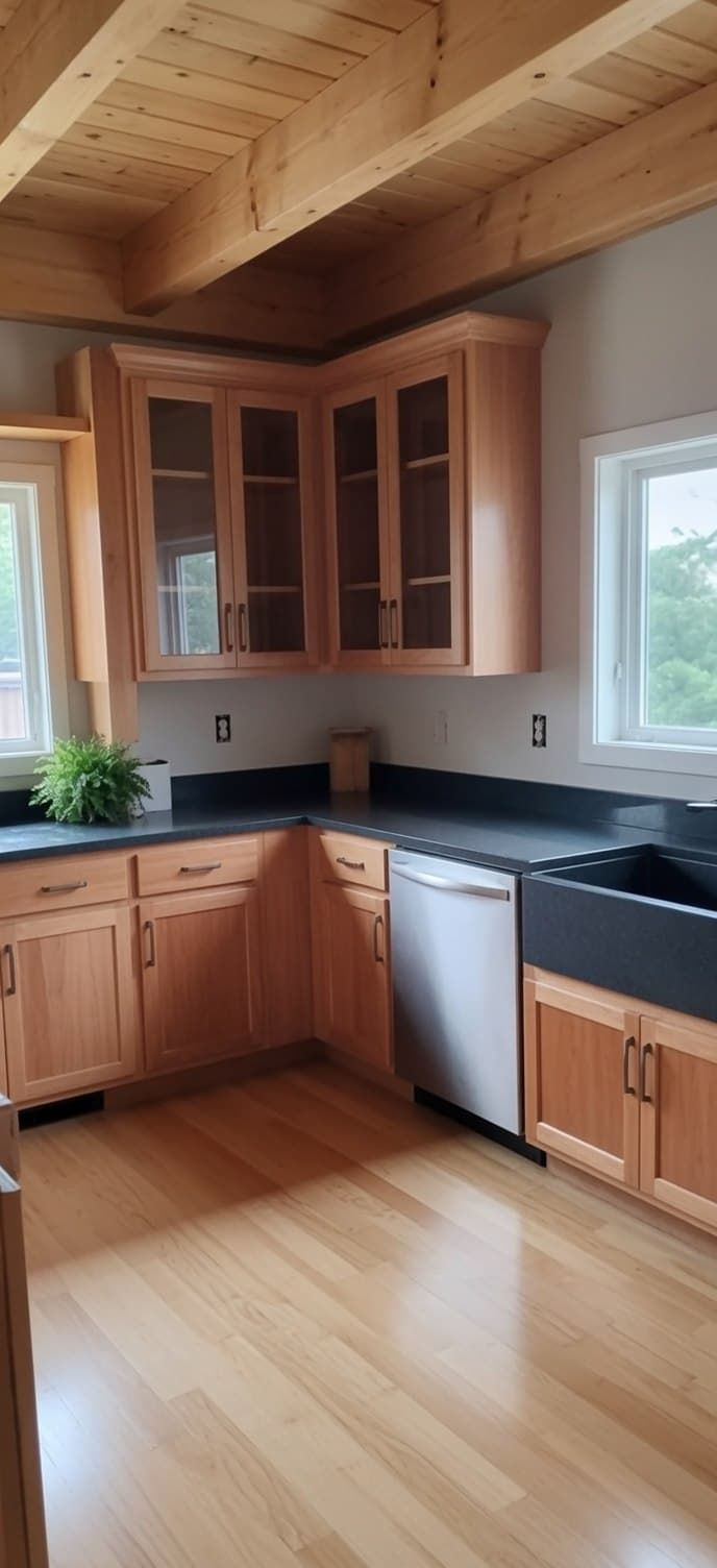 A finished CBC kitchen — cherry cabinetry with glass-front uppers, soapstone counters, and a farmhouse sink under a timber-frame ceiling