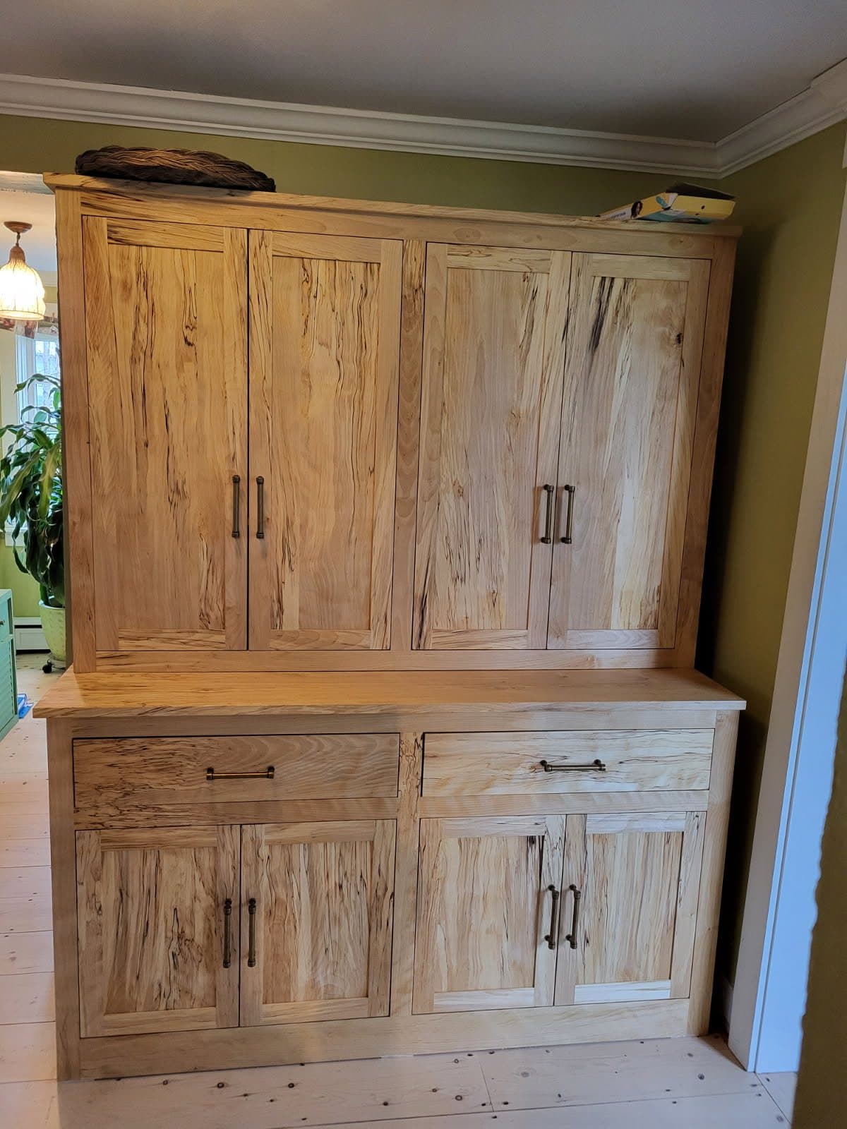 Hickory tall cabinets with drawer bank