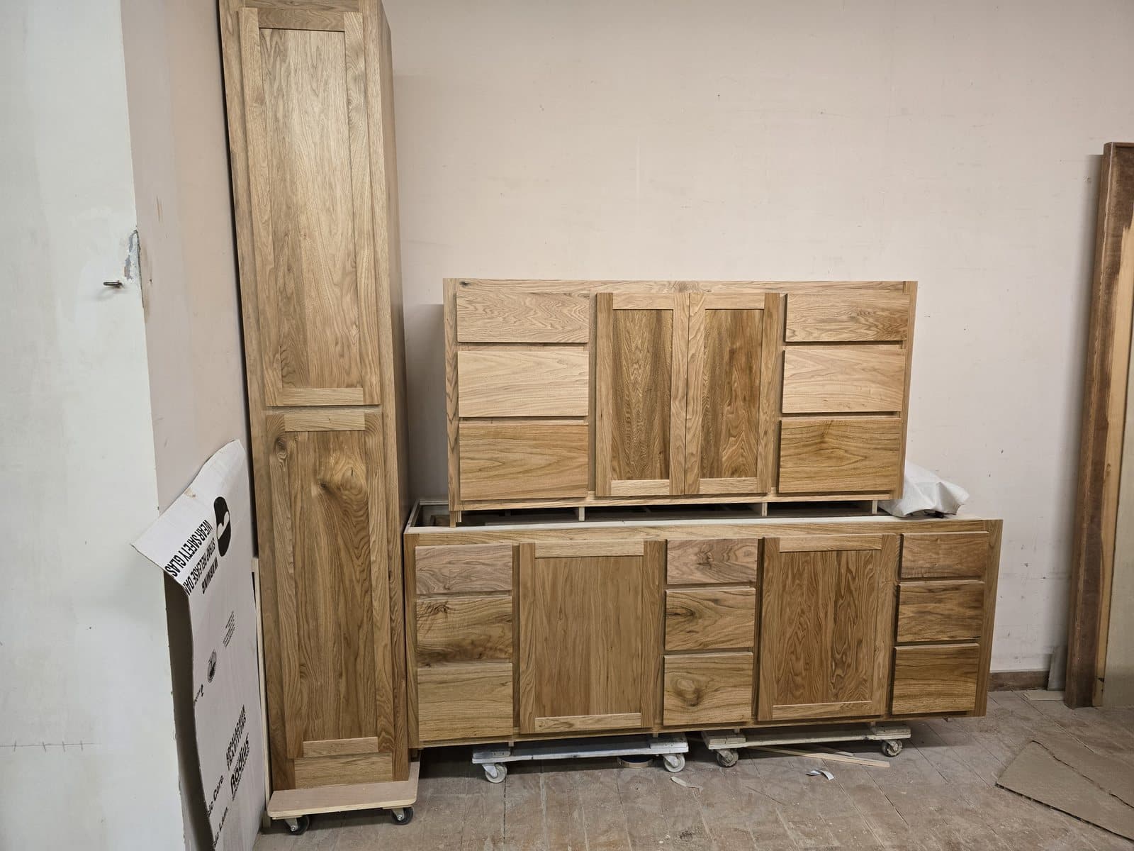 Doors and boxes staged for a kitchen